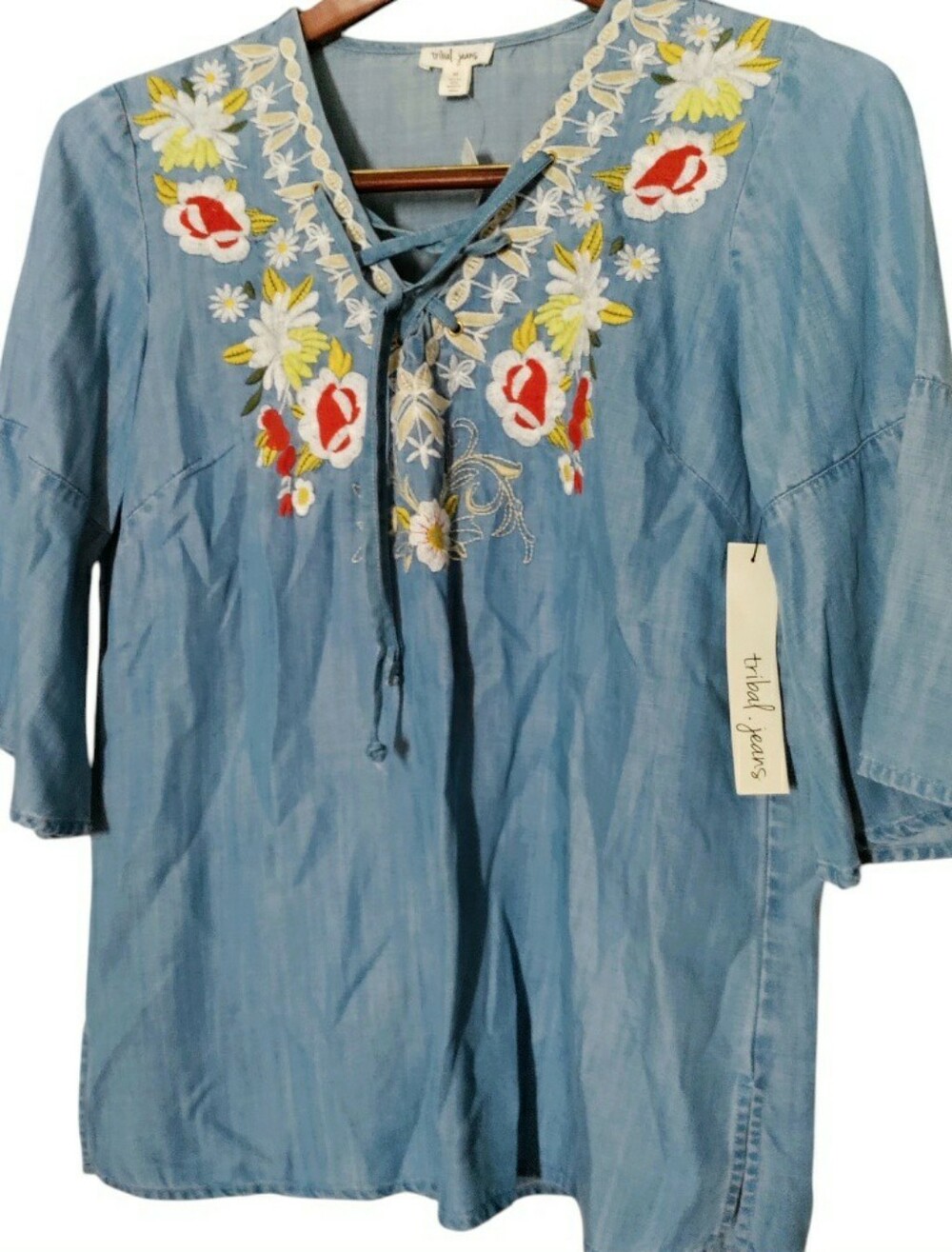 Tribal Jeans Chambray Embroidered Boho Peasant Blouse NWT